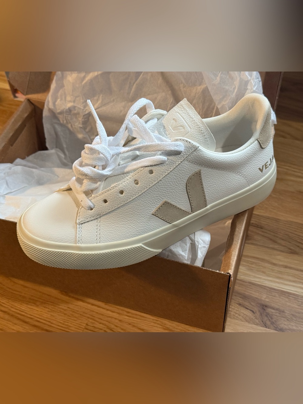 Veja White Leather Sneaker with Taupe V Logo